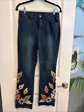 Soft Surroundings Dark Blue Jeans with Black-beaded Floral Embroidery